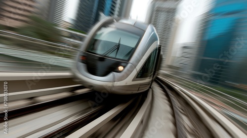 Blurred motion. In the midst of a modern metropolis, this high-speed train stands as a symbol of innovation and efficiency.