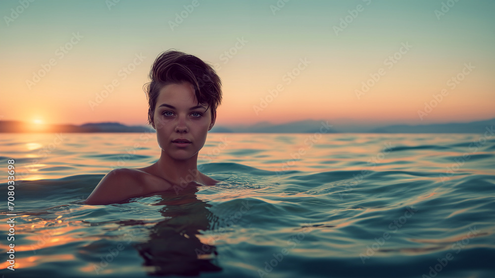 Hübsche Frau im Meer und schöner Abendsonne in schöner Spiegelung Nahaufnahme, ai generativ