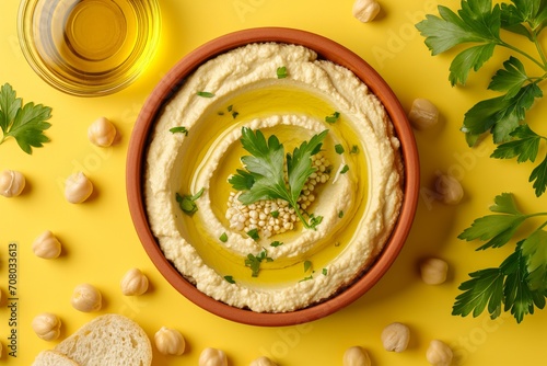Top view of traditional hummus from chickpea beans with oil in a bowl on yellow background