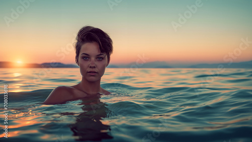 Hübsche Frau im Meer und schöner Abendsonne in schöner Spiegelung Nahaufnahme, ai generativ © www.freund-foto.de