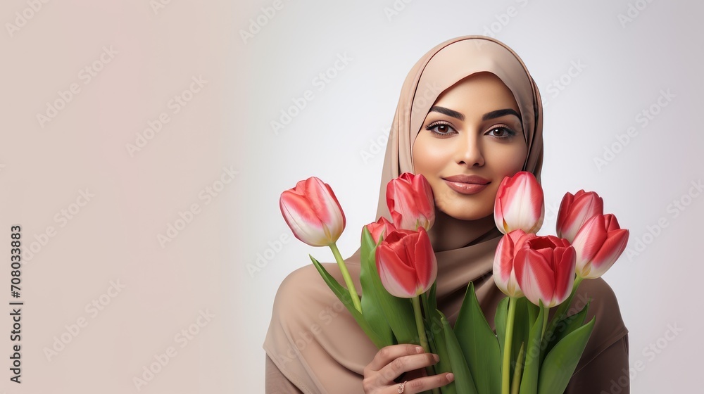 celebration of diversity and empowerment with an image of a Muslim woman holding tulips and a gift box on a light background, celebrating International Women's Day. celebration of diversity and empowerment with an image of a Muslim woman holding tulips and a gift box on a light background, celebrating International Women's Day.