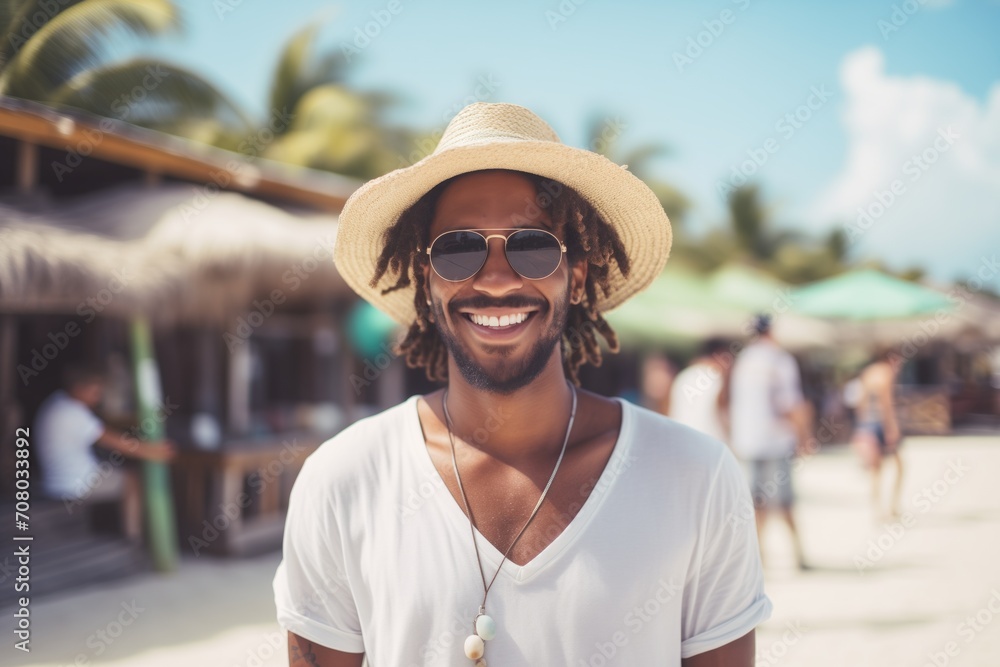 Happy smiling Afro-Caribbean man on sunny exotic beach with palm trees