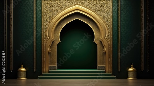 Illustration of Ramadan Kareem background with mosque Islamic style arches and Arabic patterns.