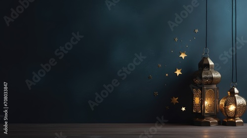 Ramadan Kareem celebration background illustration with Mosque, arabic lanterns and moon.