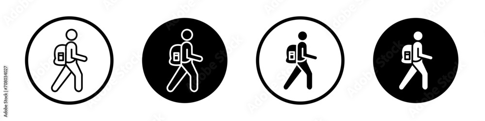 Man with backpack icon set. Tourist Trip travel bag vector symbol in a black filled and outlined style. Hitchhiker with bagpack sign. - obrazy, fototapety, plakaty 