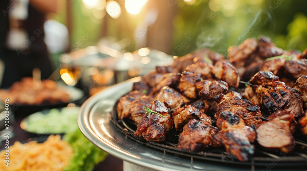This appetizing image features a plate of perfectly grilled meat, elegantly displayed on a wedding or restaurant buffet, promising a delightful culinary experience for attendees. This appetizing image features a plate of perfectly grilled meat, elegantly displayed on a wedding or restaurant buffet, promising a delightful culinary experience for attendees.