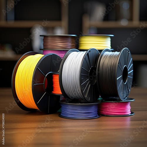 Rolls of colorful 3d printing plastic filament spools  on a wooden table photo