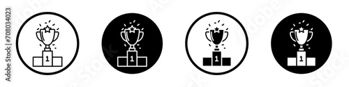 Competition win icon set. Contest winner trophy award vector symbol in a black filled and outlined style. Champion win trophy sign.