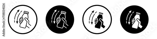 Shake well icon set. Shake bottle before drink vector symbol in a black filled and outlined style. Juice bottle shake with hand sign. photo