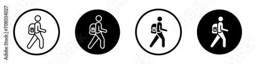 Man with backpack icon set. Tourist Trip travel bag vector symbol in a black filled and outlined style. Hitchhiker with bagpack sign. photo