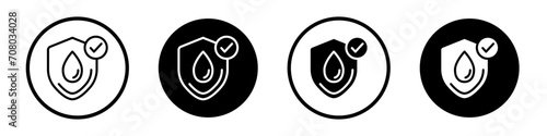Waterproof protection icon set. Water proof and resistant shield vector symbol in a black filled and outlined style. photo