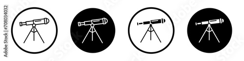 Telescope icon set. Observatory stargazing planetarium scope vector symbol in a black filled and outlined style. Astronomy monocular telescope sign. photo