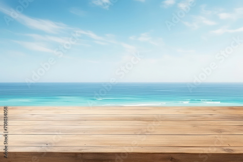 Blue Summer Sky: Tropical Beach, Wooden Board, and Clear Ocean Waters on a Beautiful Coastal Vacation