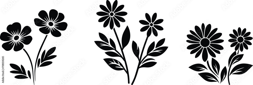 black and white silhouettes of flowers set - obrazy, fototapety, plakaty 