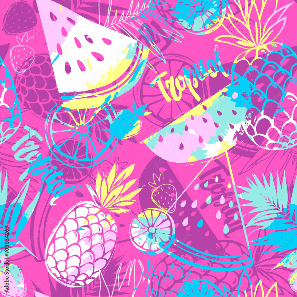 Fototapeta premium Fashion tropics funny wallpapers. Seamless pattern with pineapples, strawberries and oranges on white background. Bright summer fruits illustration. Fruit mix design for fabric and decor.