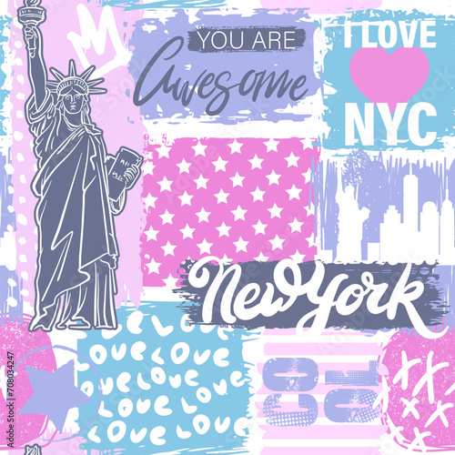Modern wallpaper with The Statue of Liberty, graffiti and grunge elements. Street art style illustration for girl. New York pattern