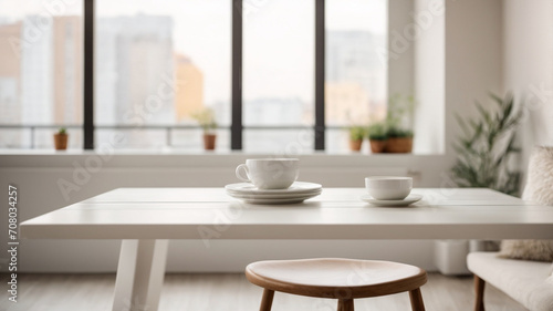 modern living room with table  wooden table with blur modern apartment interior background near a window  modern living room with empty wooden table and blurred living room 