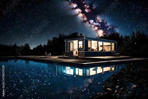 A mobile home with swimming pool under a star-studded night sky, with the pool's surface twinkling with the reflections of distant galaxies