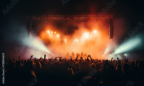 Energetic live music concert with a crowd of fans cheering and dancing under the glow of stage lights.