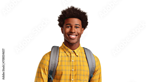 Male university student smiling happily on the first day of school on transparent background