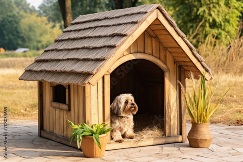 Wooden Doghouse in the Green Garden: A Cute Brown Puppy Finds Shelter and Joy