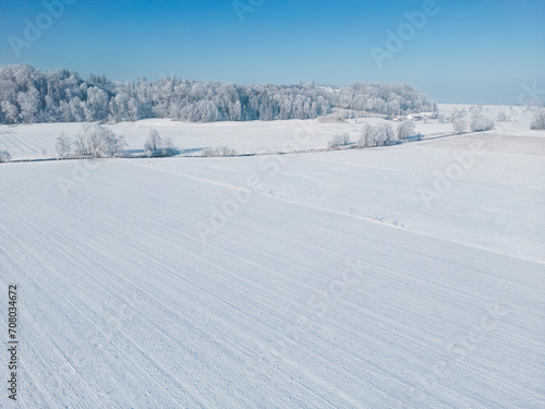 Aerial view of a frozen winter wonderland in southern Bavaria, Germany