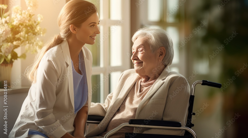 compassionate healthcare with a touching portrait of a nurse and her senior client in a wheelchair. compassionate healthcare with a touching portrait of a nurse and her senior client in a wheelchair.