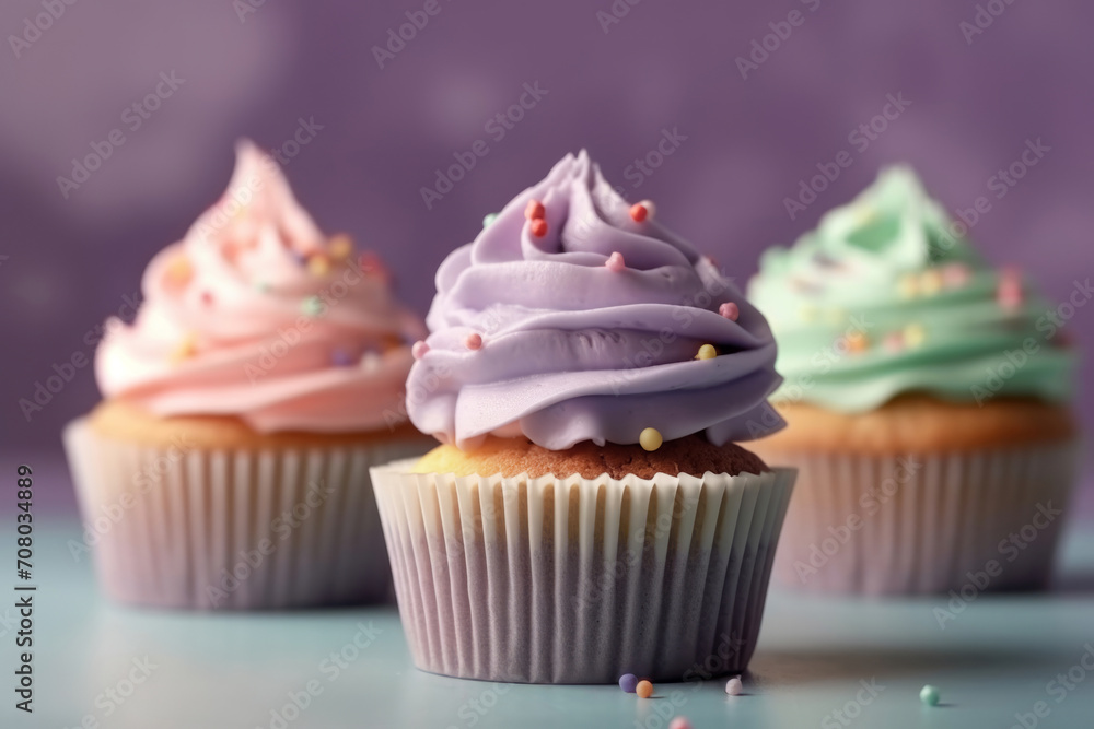 Creative food composition. Cupcakes muffins with cream frosting sprinkles on violet background. Template for product presentation display. copy text space banner