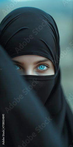 Moslemisches hübsches Gesicht einer Frau mit edlen Kopftuch und wunderschönen Augen als Nahaufnahme, ai generativ