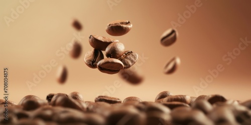 Coffee beans in flight on a light brown background. Close up.