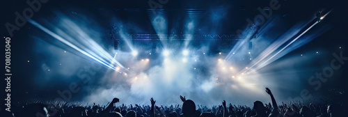 Energetic live music concert with a crowd of fans cheering and dancing under the glow of stage lights. photo