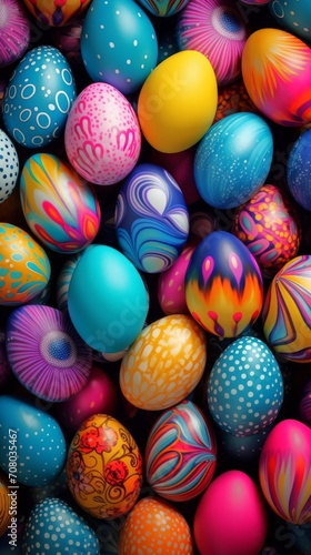 Various colorful Easter eggs with unique patterns, set against a dark background. Top view. Copy space. Suitable for Easter celebration content and design projects. Vertical format