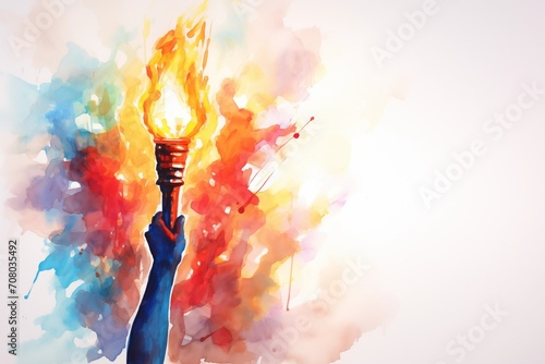 A hand holding the Olympic flame in the style of a watercolor drawing, an illustration of a burning torch, the concept of the international sports games photo