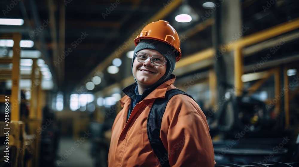 diversity and inclusion with an empowering image of a young man with Down syndrome working in an industrial factory. diversity and inclusion with an empowering image of a young man with Down syndrome working in an industrial factory.