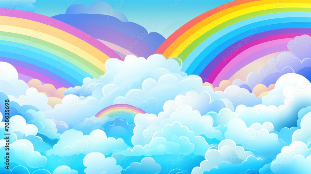 Rainbow clouds of pink, purple, turquoise, blue, yellow colors with rainbows. Cartoon Illustration. Abstract beautiful sky background. Copy Space. Ideal for designs, wallpapers, posters, ads, banners