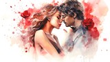 Watercolor illustration of couple in a tender embrace surrounded by falling red rose petals. Romantic moment. Ideal as a postcard for Valentines Day, wedding, or love story themes