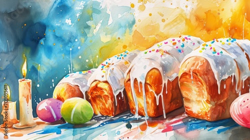Watercolor illustration of Easter cakes, Kuliches, with white glaze and colorful sprinkles, surrounded by lit candles and colored eggs. Traditional Russian Easter cupcakes. Festive bread. Aquarelle