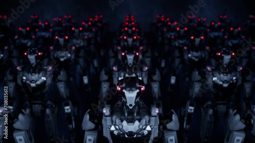 3d rendering of robotics army, industrial group of cyborg machines on factory background. Futuristic AI robotic team, artificial intelligence technology concept.