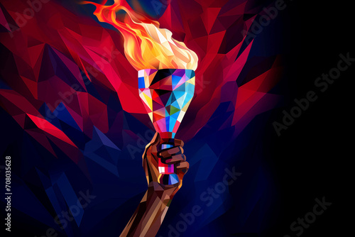A hand holding the Olympic flame in mosaic style, an illustration of a burning torch, the concept of the international sports games