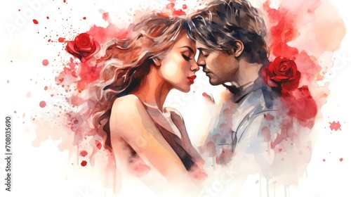Watercolor illustration of couple in a tender embrace surrounded by falling red rose petals. Romantic moment. Ideal as a postcard for Valentines Day, wedding, or love story themes photo