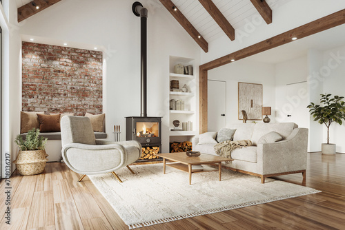Elegant living room interior with fireplace, hardwood flooring, beautiful furniture and rafter ceiling, 3d rendering 