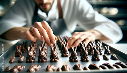 Konditor prüft handgemachte Schokoladenhasen in Manufaktur photo