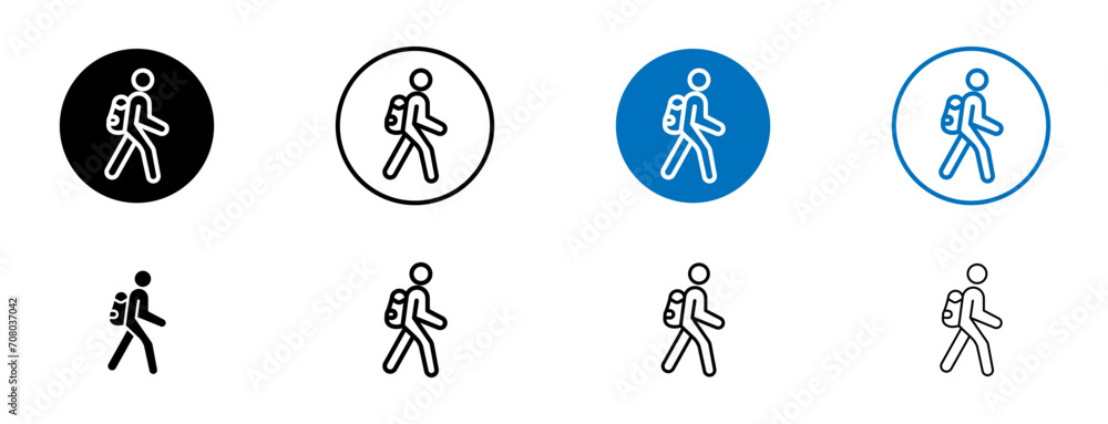 Man with Backpack line icon set. Tourist Trip travel bag vector symbol in black and blue color.