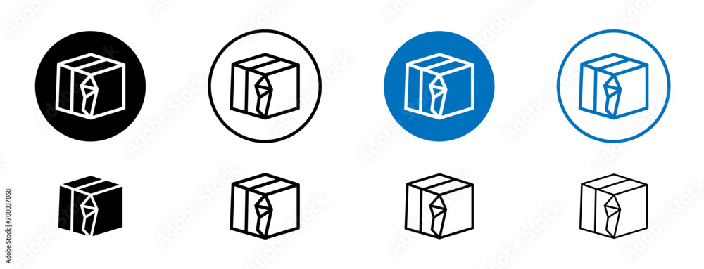 Broken Cardboard Box line icon set. Damaged cardboard package vector symbol in black and blue color.