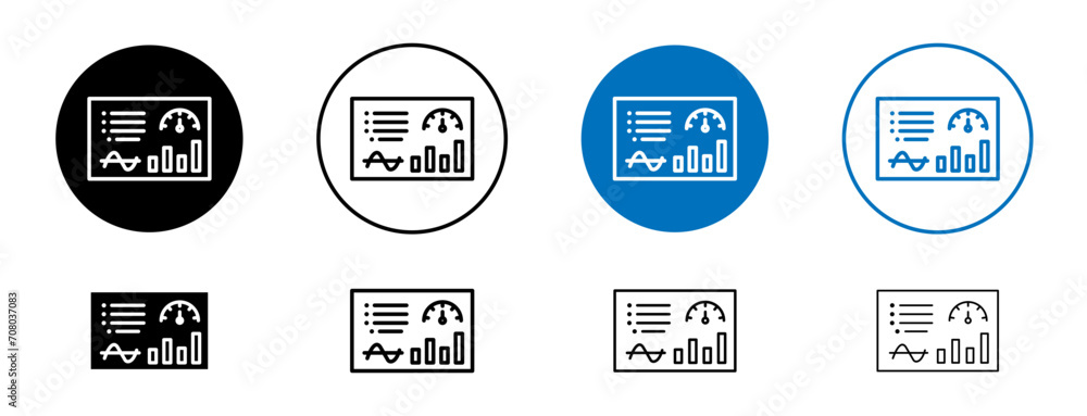Dashboard line icon set. Data analytics monitor widget vector symbol in black and blue color.