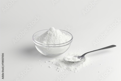Hydrolyzed collagen powder in a glass bowl with a spoon on a white background