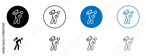 Tired Person line icon set. Person tiredness through stress at workplace, lack of energy and exhausted at office symbol in black and blue color. photo