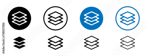 Three Layer line icon set. Floor level and paper stack vector symbol in black and blue color.