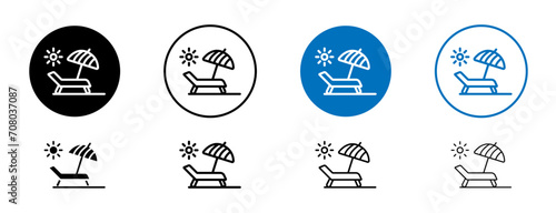 Sunbed line icon set. Beach Chair rest in sun vector symbol in black and blue color.