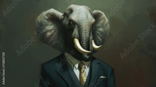 Elephant in a well-fitted suit with a striking trunk-themed tie, striking a pose that combines power and charm in a captivating anthropomorphic portrait.